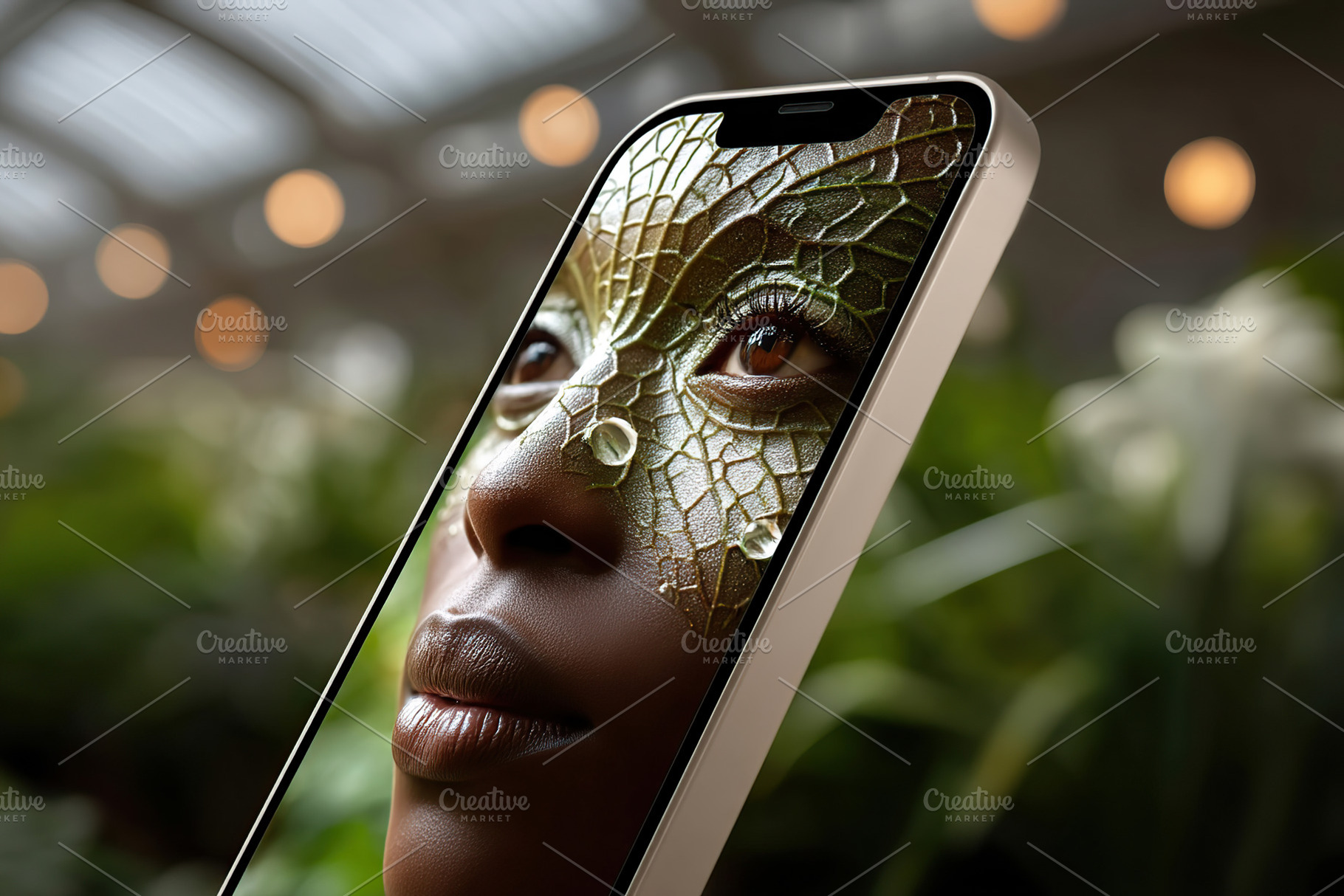 Model with reptilian makeup showcases smartphone in lush botanical garden setti, a Beauty & Fashion Photo by AlyaAnd