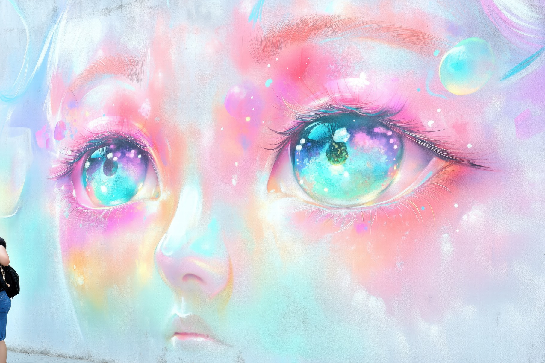 A vibrant mural featuring a close-up of a face with large, colorful ...