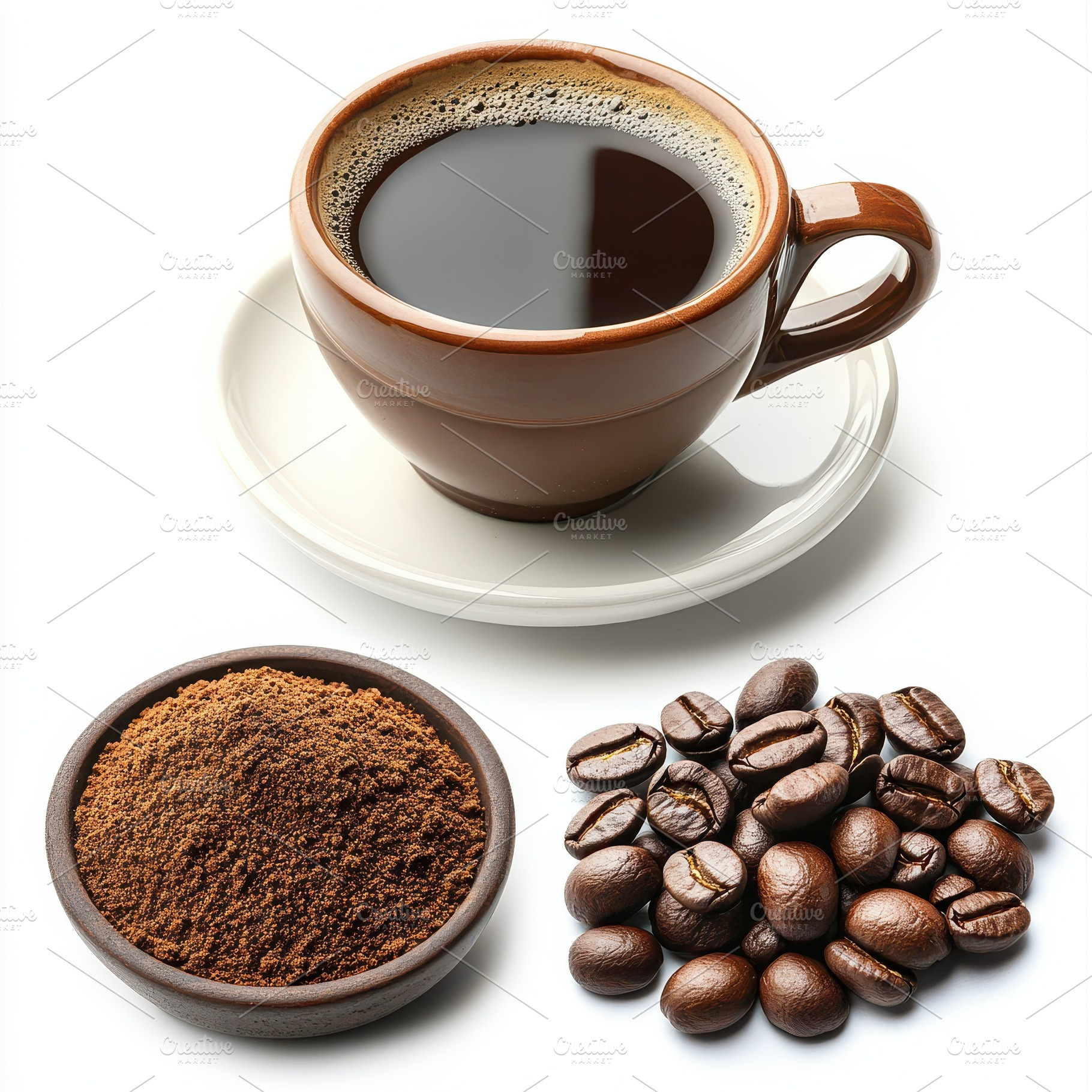 Coffee cup beans and grounds a perfe, a Food & Drink Photo by Pixeness Studio