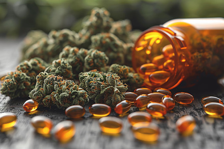 Medical marijuana buds and capsules on dark wooden surface, a Photo by AS photostudio