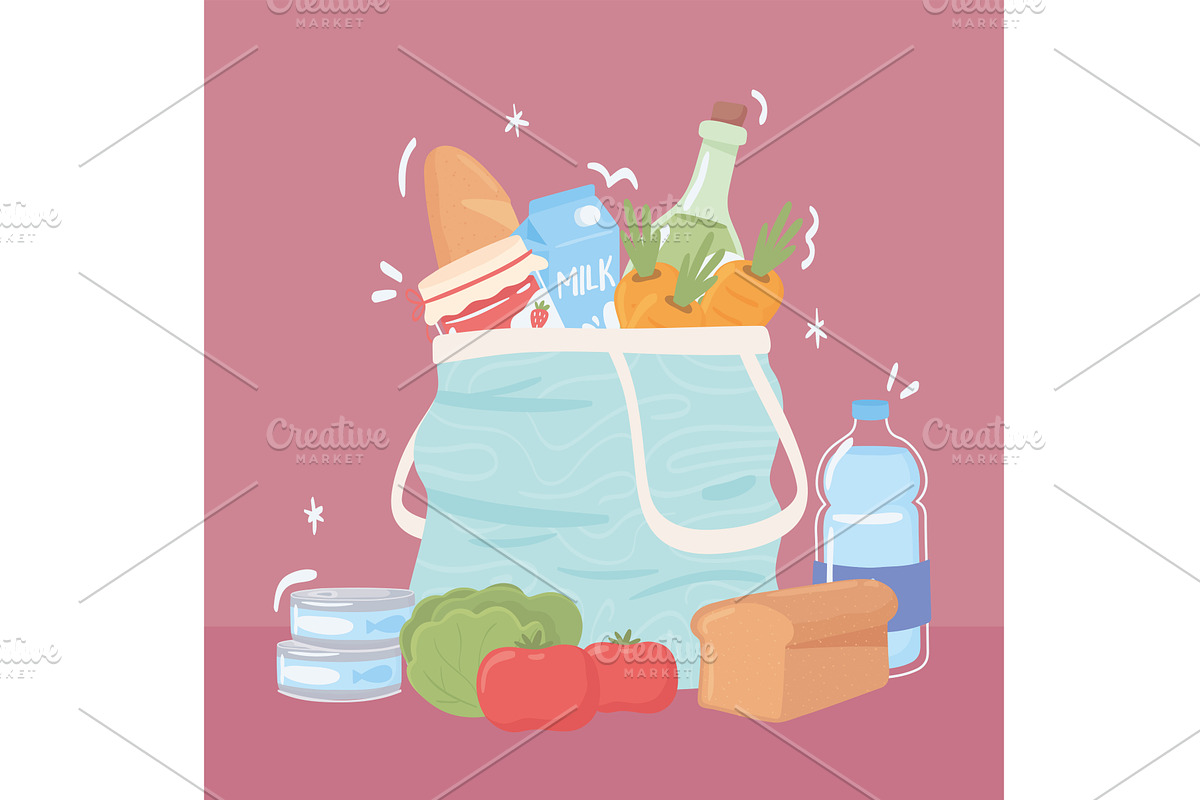 shopping bag with grocery food, a Food Illustration by studiogstock