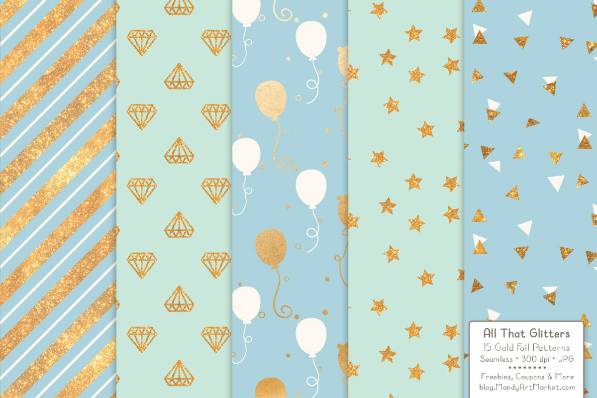 Blue & Mint Gold Foil Digital Papers, a Pattern Graphic by Amanda Ilkov (Photo 2 of 4)