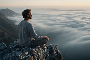 Man sits on mountain peak above clouds at sunset in nature, a Person Photo by OSORIOartist