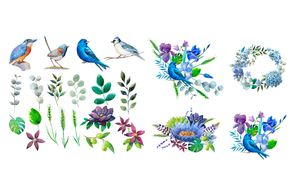 Watercolor blue flowers and birds., an Illustration by yulia.sukhanova