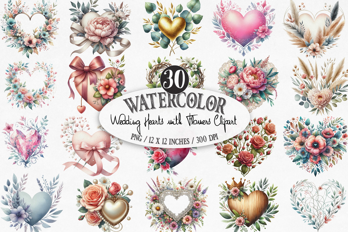 Wedding Hearts with Flowers Clipart, an Illustration by Designking (Photo 1 of 4)
