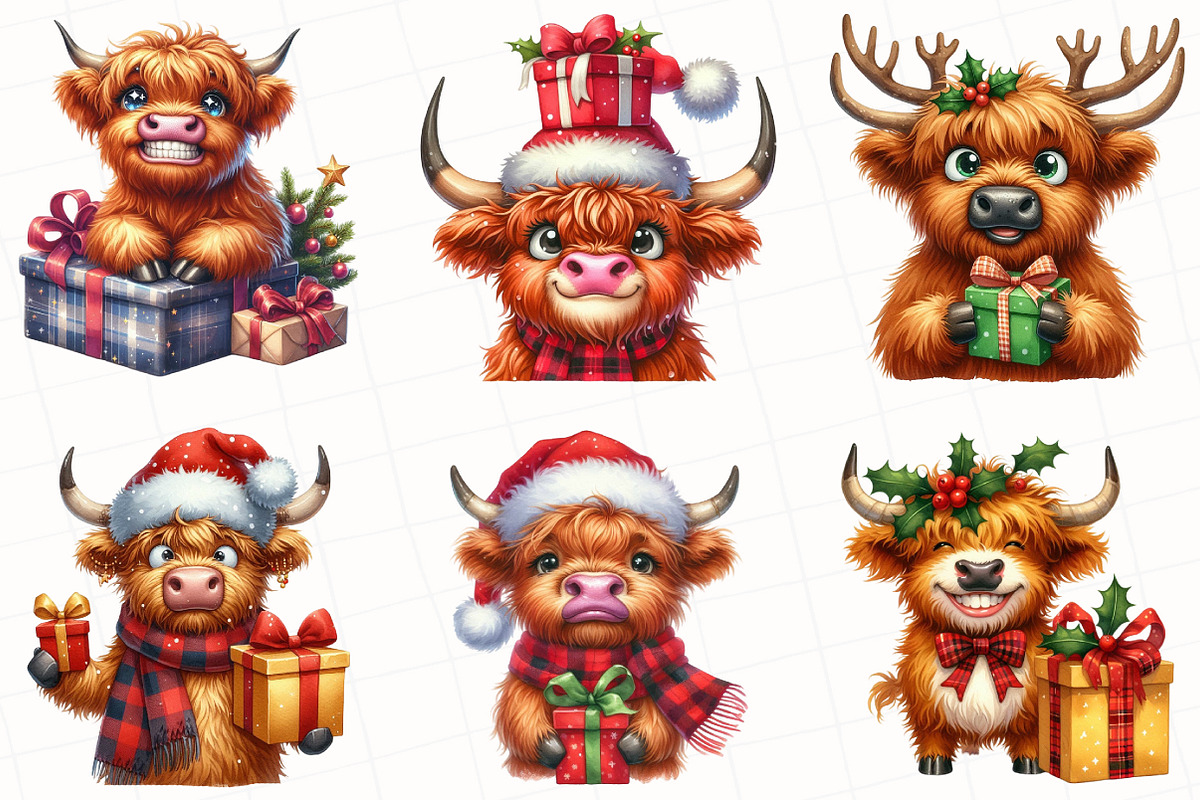 Christmas Highland Cow Clipart, an Illustration by OK Design (Photo 3 of 5)