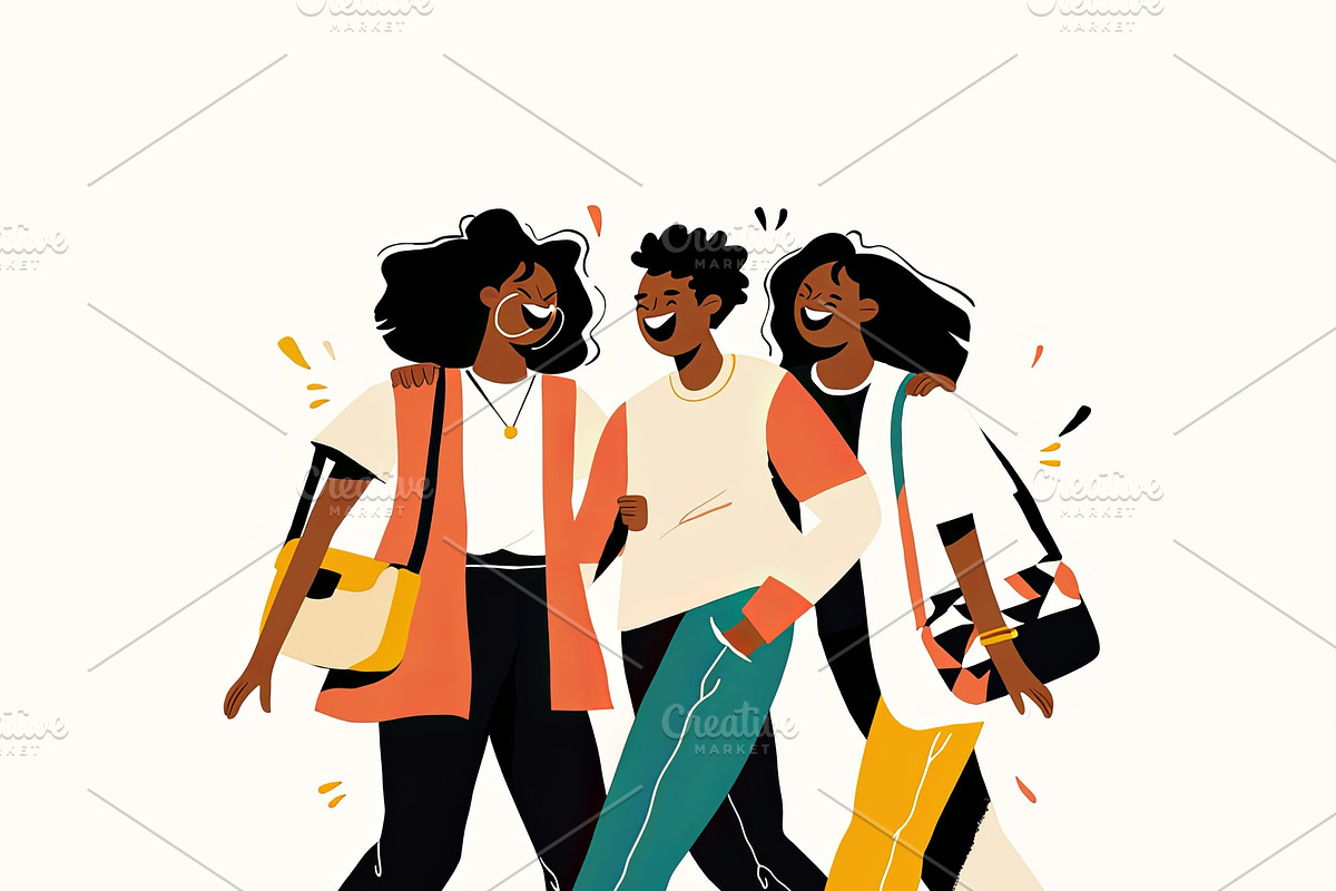 Group of friends laughing and walking together with enthusiasm and joy, an Illustration by AS photostudio