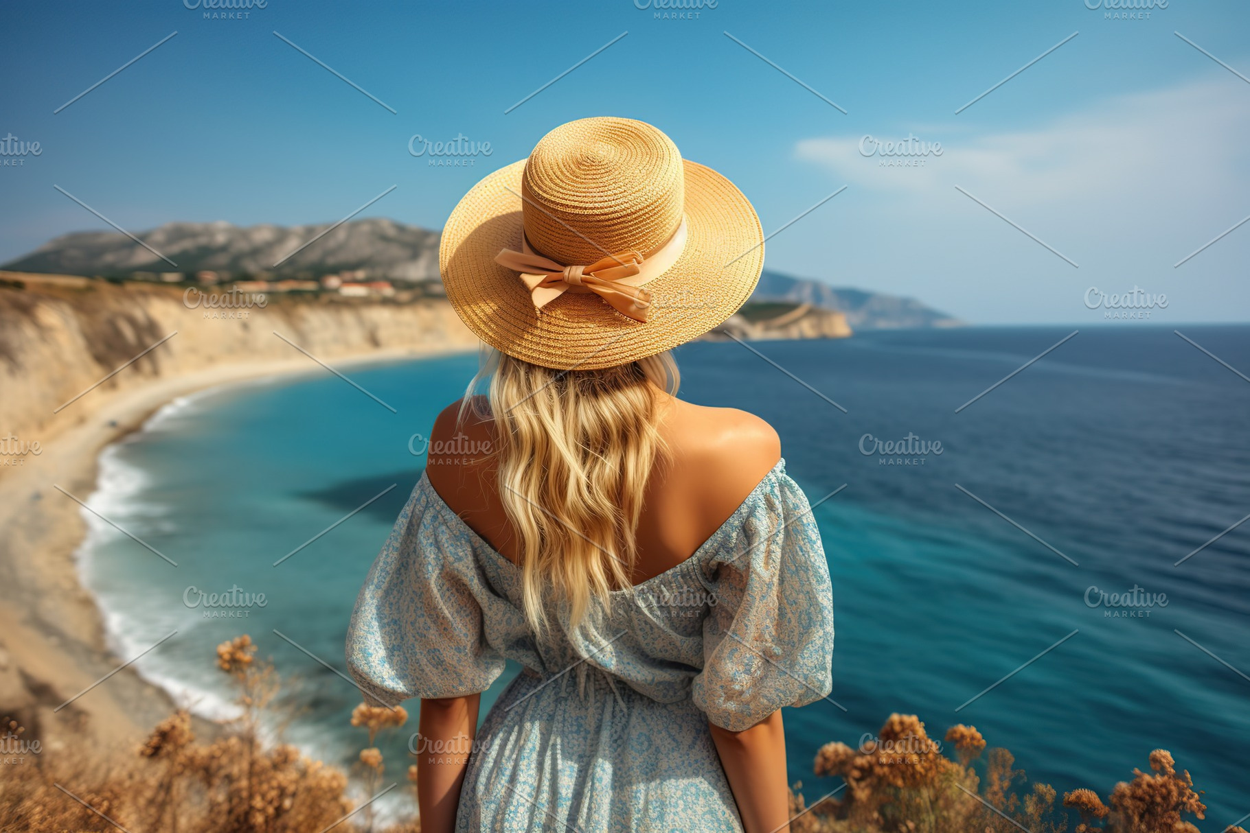 Woman in summer hat looking at the sea. Happy freedom lifestyle. Generative AI, a Person Photo by AlyaAnd