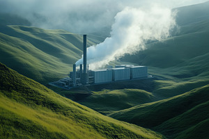 A power plant situated in a lush green landscape, surrounded by rolling hills., an Industrial Photo by Textures & Backgrounds