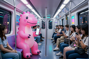 Giant Inflatable Pink Dinosaur Commu, a Photo by rarrarorro