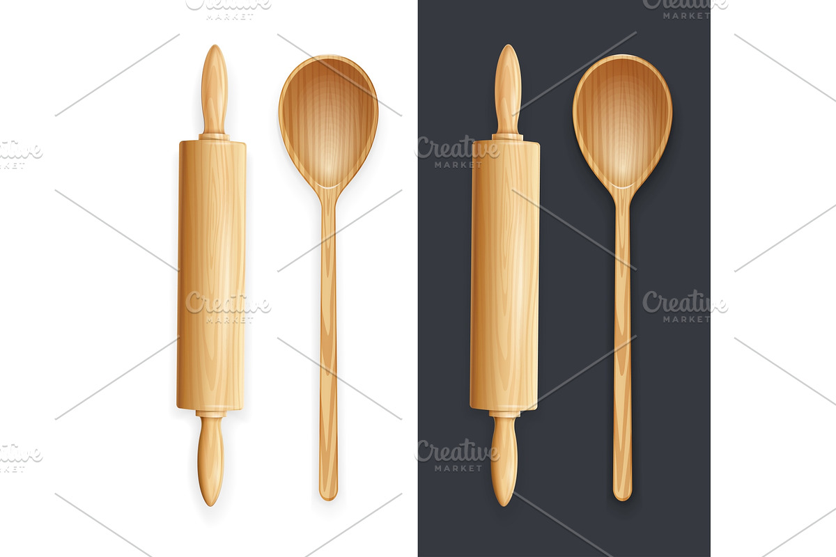 Wooden rolling pin and spoon. Vector, a Food Illustration by Aleksangel
