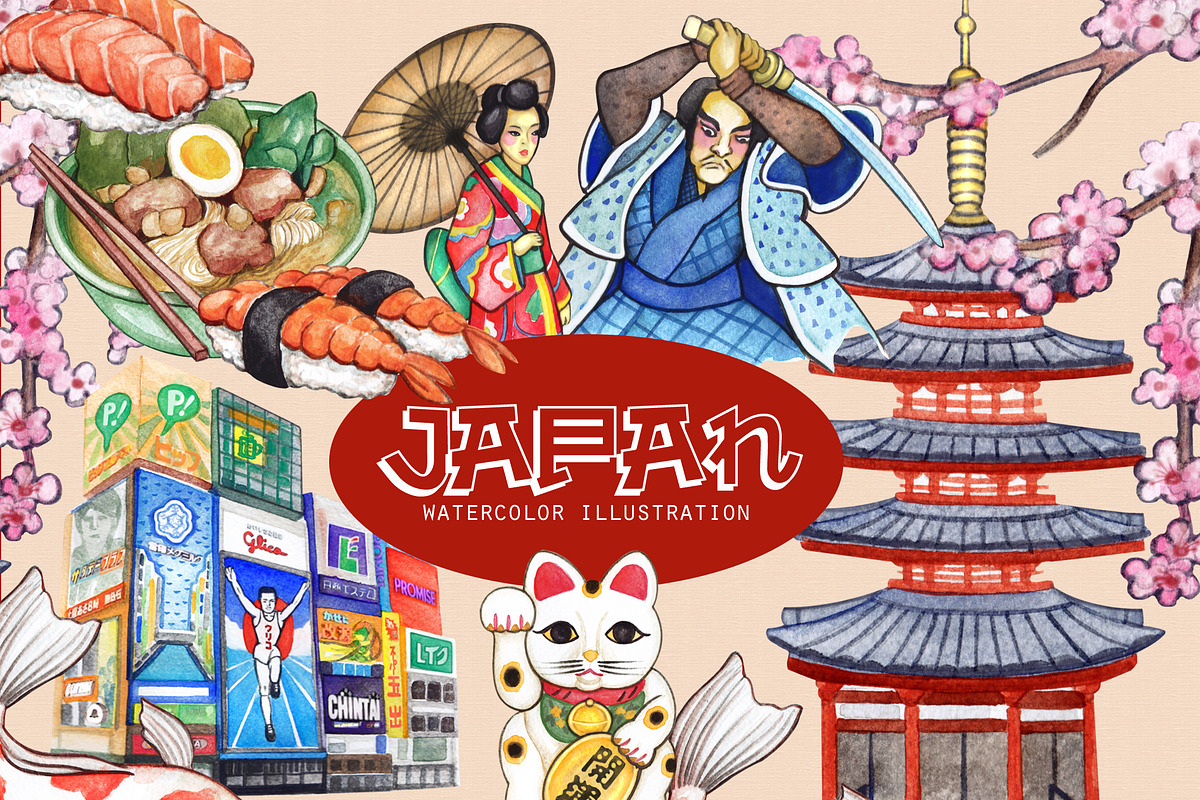 Japan Travel Watercolor cliparts, an Illustration by Whimseez (Photo 1 of 3)