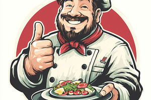 Smiling cartoon chef giving thumbs up while holding a plate of f, a Person Photo by José Manuel Gelpi