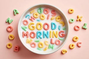 Colorful cereal bowl with 'Good Morning' letters, a Food & Drink Photo by AlyaAnd