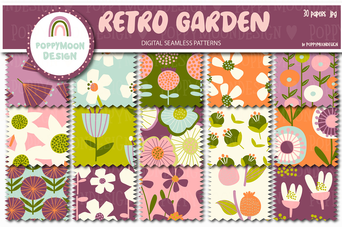 Retro Garden seamless patterns, an Illustration by Poppymoondesign (Photo 1 of 7)
