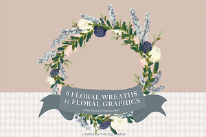 6 Clipart wreaths soft blue florals