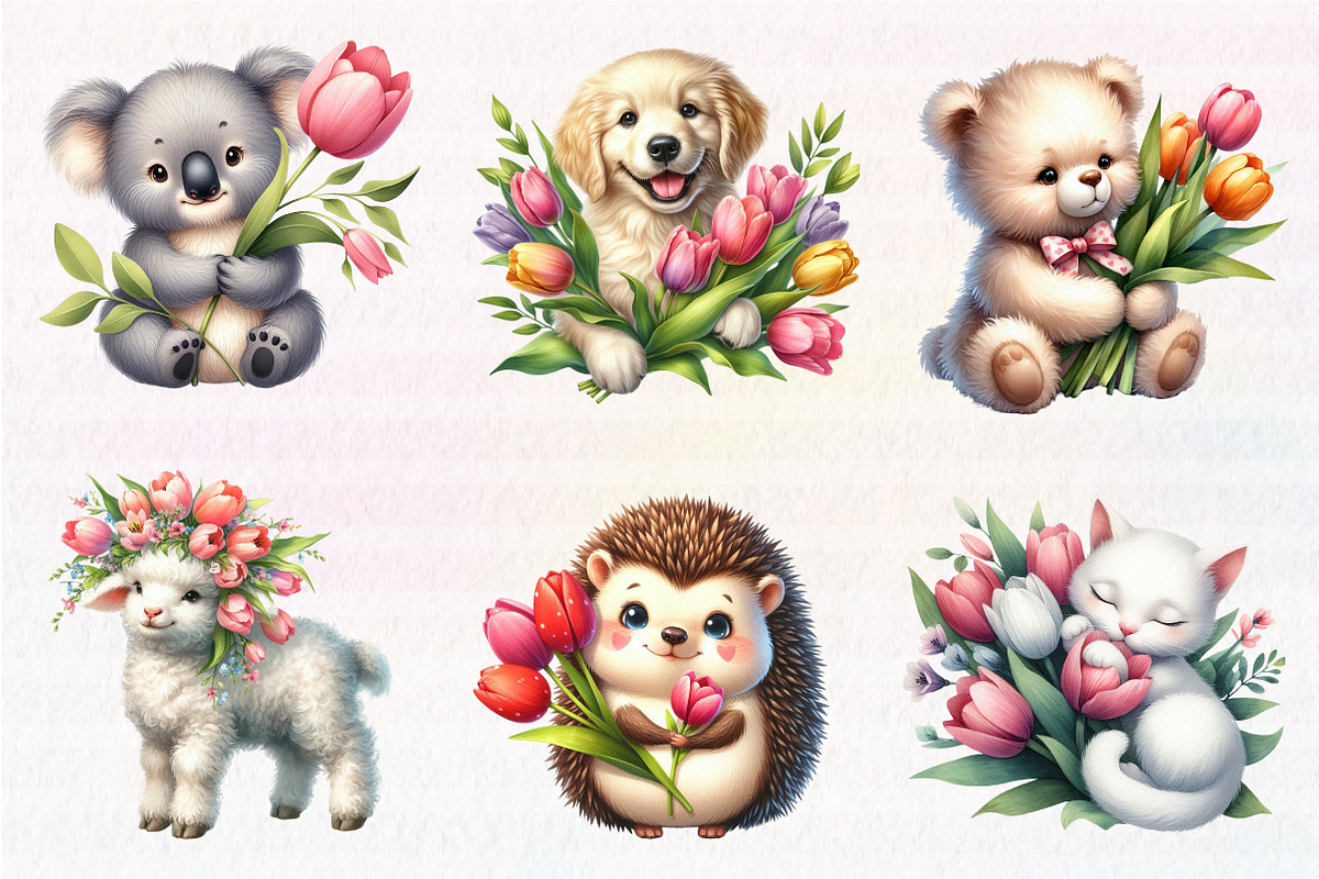 Cute Animals and Tulip Flower, an Illustration by CreationArt (Photo 4 of 6)