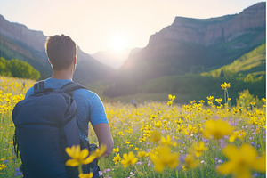 Backpacker enjoying mountain view in, a Sports & Recreation Photo by Lermont51