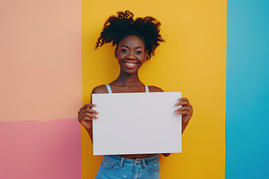 Portrait of happy african american woman with white blank signboard, a Person Photo by AlyaAnd