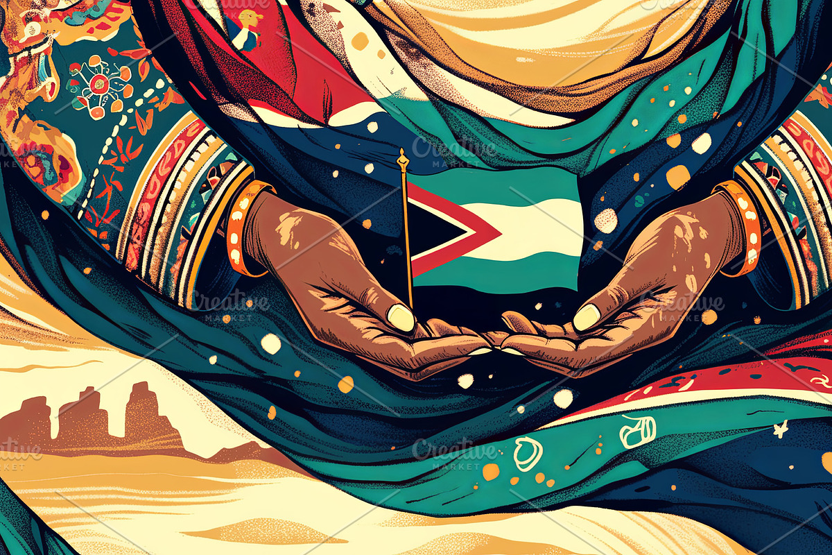 Colorful artwork of a woman holding the South African flag, an Illustration by AS photostudio