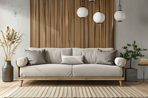 Modern scandinavian interior of living room with couch, a Photo by AlyaAnd