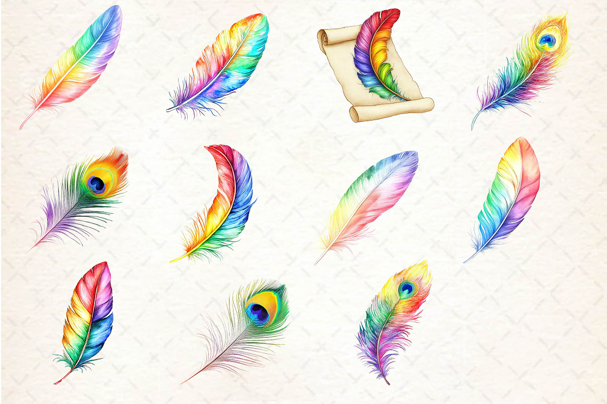 Rainbow Watercolor Feathers Clipart, an Illustration by Dream Creation (Photo 2 of 3)