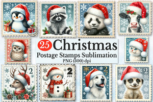 Christmas Animal Postage Stamps Clip, a Seasonal Illustration by Rose Art