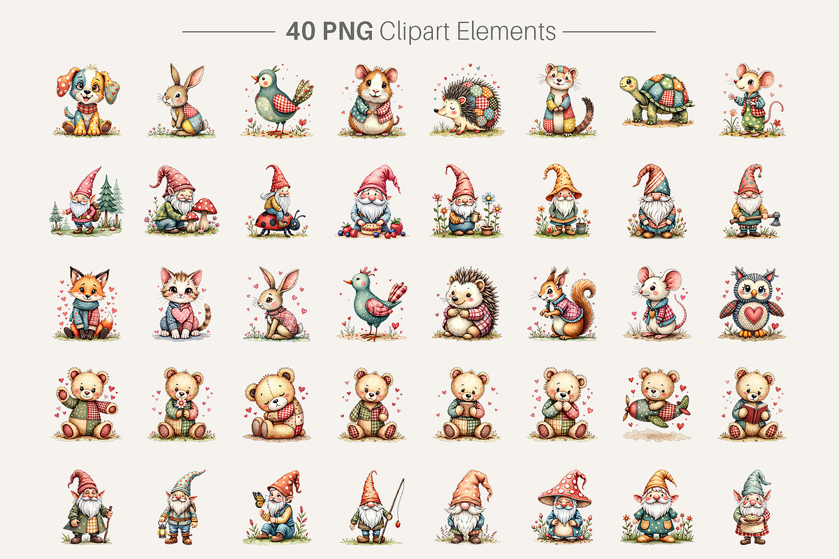 Patchwork Watercolor Animal & Gnomes, an Illustration by Artnoy (Photo 2 of 8)