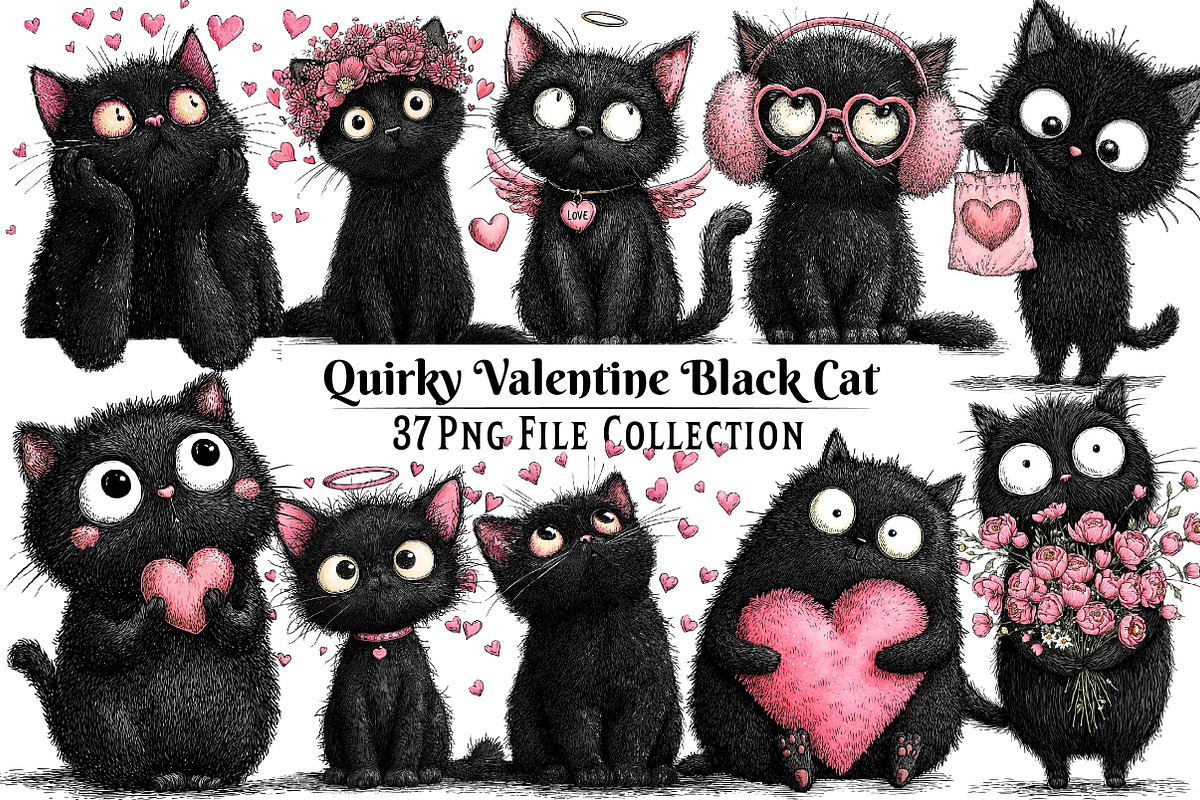Quirky Valentine Black Cat Clipart, an Illustration by Dream Creation (Photo 1 of 7)