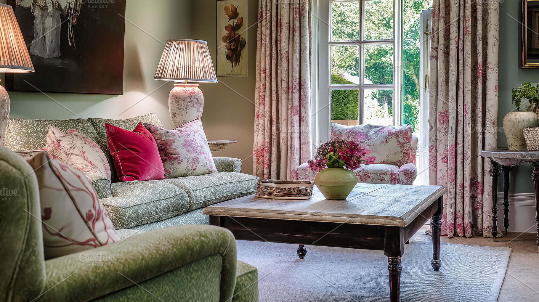Traditional living room interior with floral prints, cozy furniture, and natura, an Architecture Photo by Studio ANNA