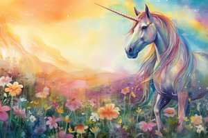 unicorn in vibrant flowers and butte, a Photo by SaroStock