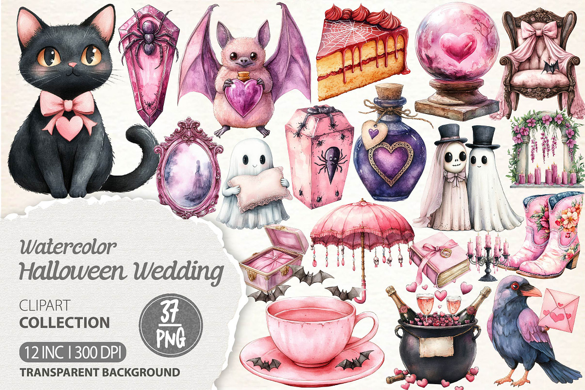 Pink Halloween Witch Wedding Clipart, an Illustration by Dream Creation (Photo 1 of 7)