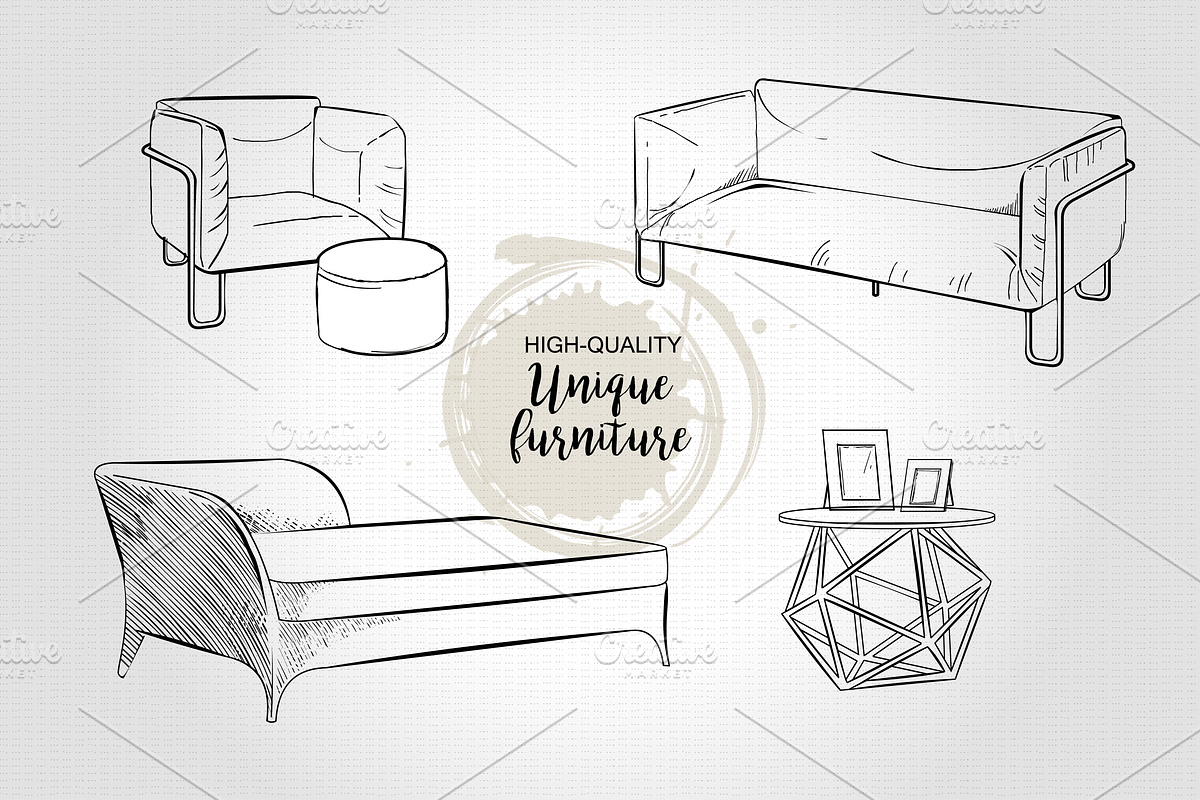 Furniture Hand drawn Vector set#3, a Decorative Illustration by Alltruecolours (Photo 4 of 4)