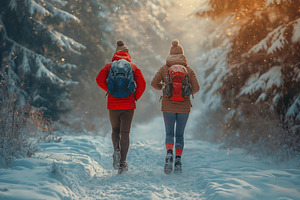 Two hikers, one male and one female, trek through a snowy forest, enveloped in, a Person Photo by ImageMir