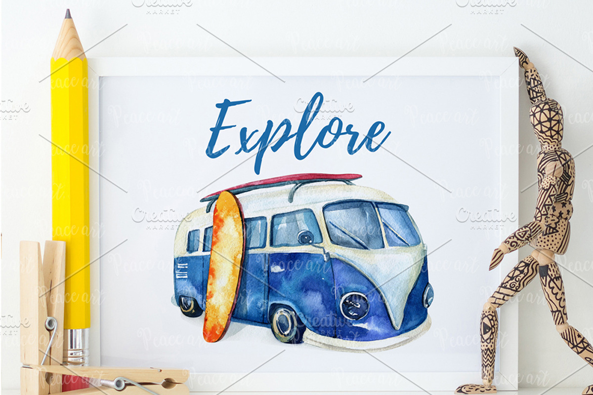 Watercolor travel & surfung set, a Transportation Illustration by Peace ART (Photo 4 of 5)
