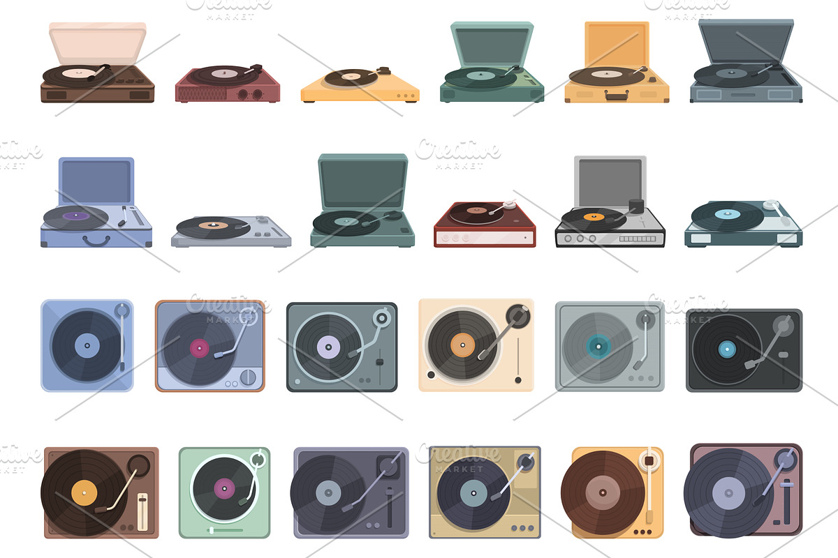 Vinyl player icons set cartoon, an Illustration by Ylivdesign