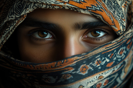 A close-up portrait of a arabic person with captivating eyes partially covered, a Person Photo by Textures & Backgrounds
