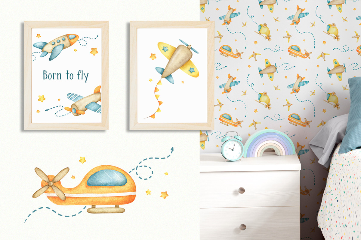 Airplanes kids watercolor clip art, an Illustration by Fedulova Art (Photo 2 of 14)
