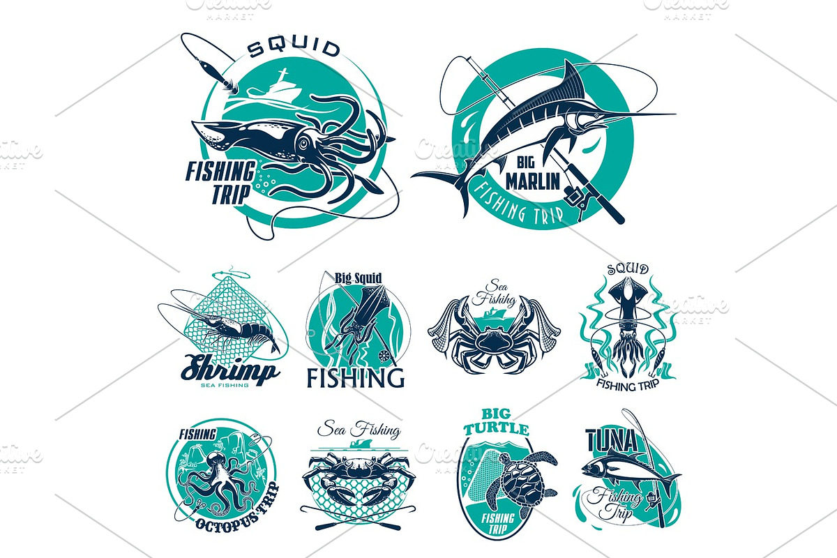 Vector fish symbols for fishing trip icons, a Food Illustration by ...