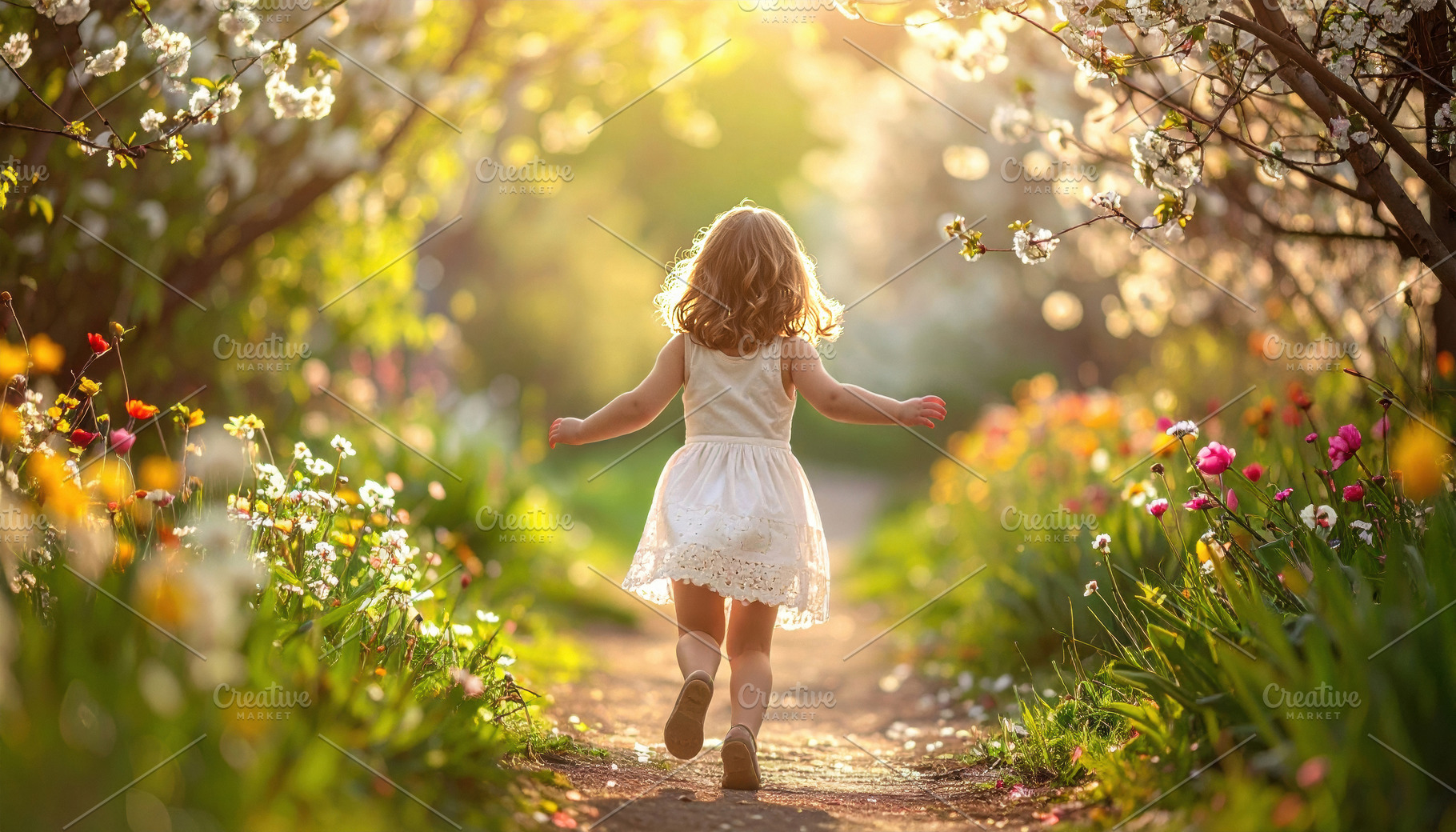 Little Girl Walking Through Blooming Spring Garden, a Person Photo by Davizro's Market