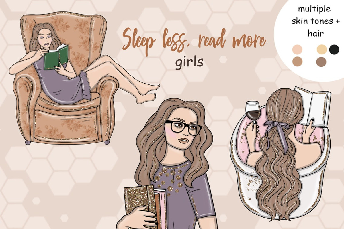Sleep Less Read More Girls Clipart, a Person Illustration by GlamArtZhanna (Photo 1 of 4)