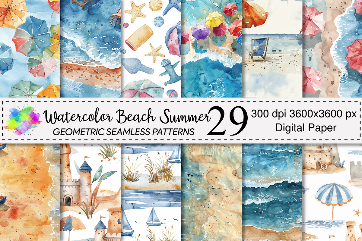 Watercolor Beach Summer Patterns, a Pattern Graphic by Canvas Craft