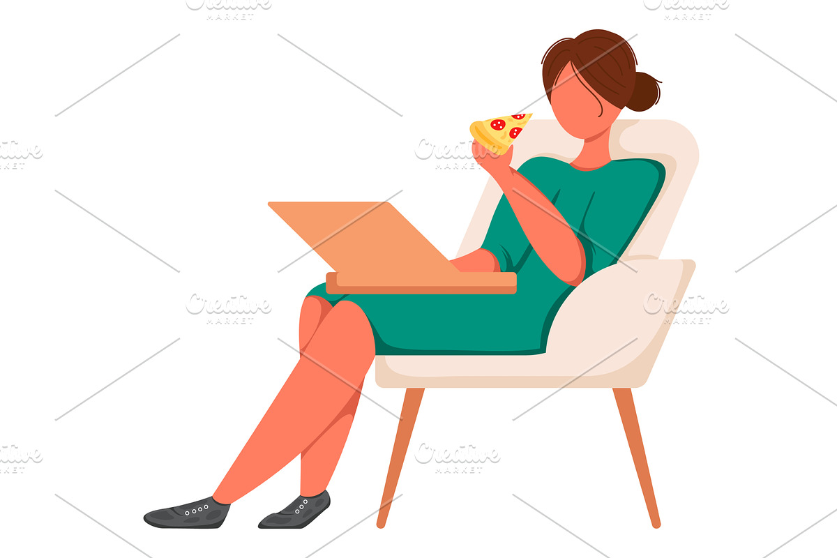 Woman working on laptop eating pizza, a Person Illustration by vectorpointstudio