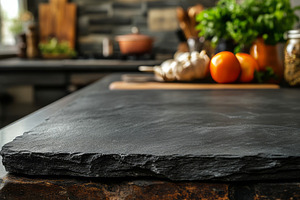 A rustic kitchen countertop with fresh ingredients, featuring vibrant oranges a, a Background Photo by ImageMir