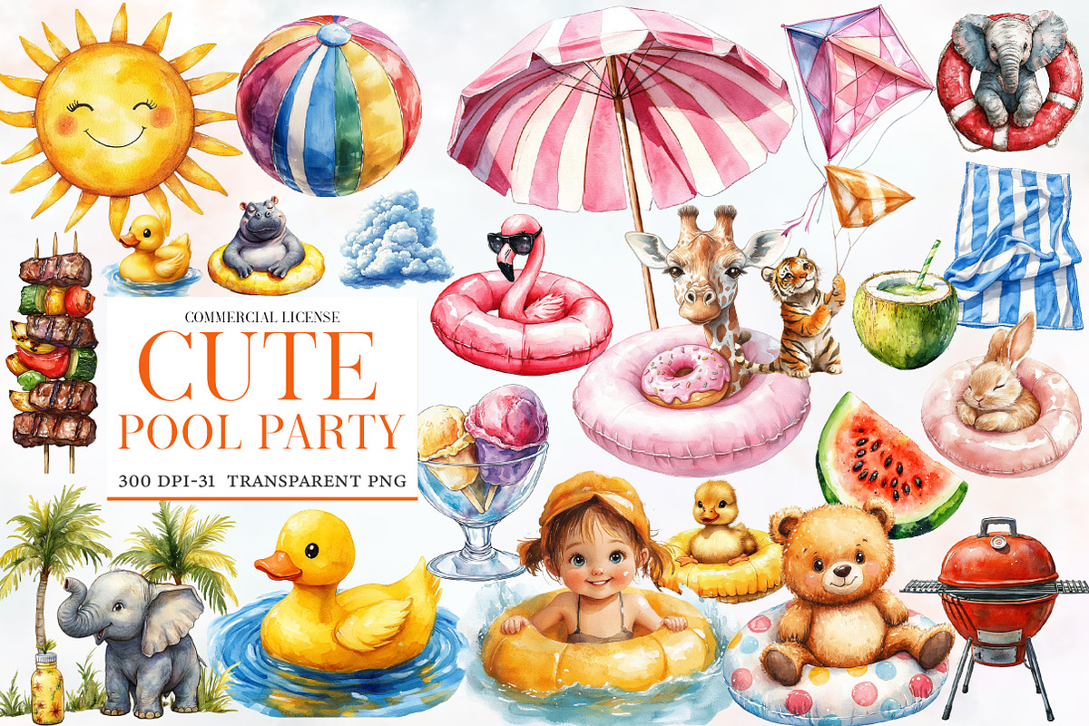 Cute Pool Party Watercolor Clipart, an Illustration by Designworld (Photo 1 of 5)