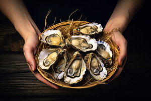 Fresh oysters in female hands, a Food & Drink Photo by AlyaAnd