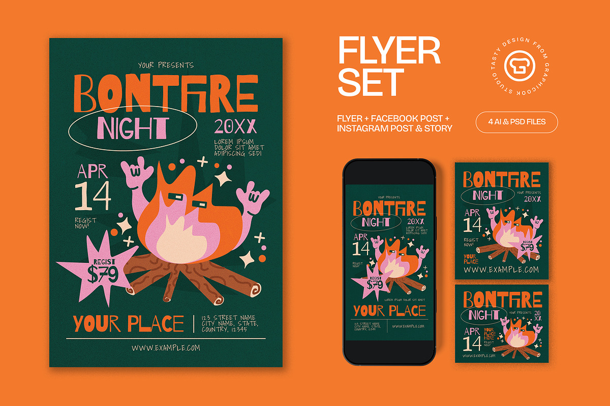 Green Quirky Bonfire Night Flyer Set, a Flyer Template by graphicook (Photo 1 of 3)