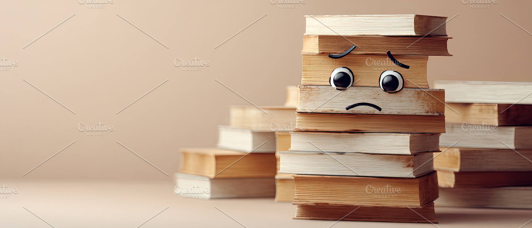 Stack of old books with a sad cartoon face drawn on the spine, s, a Photo by Ales Munt