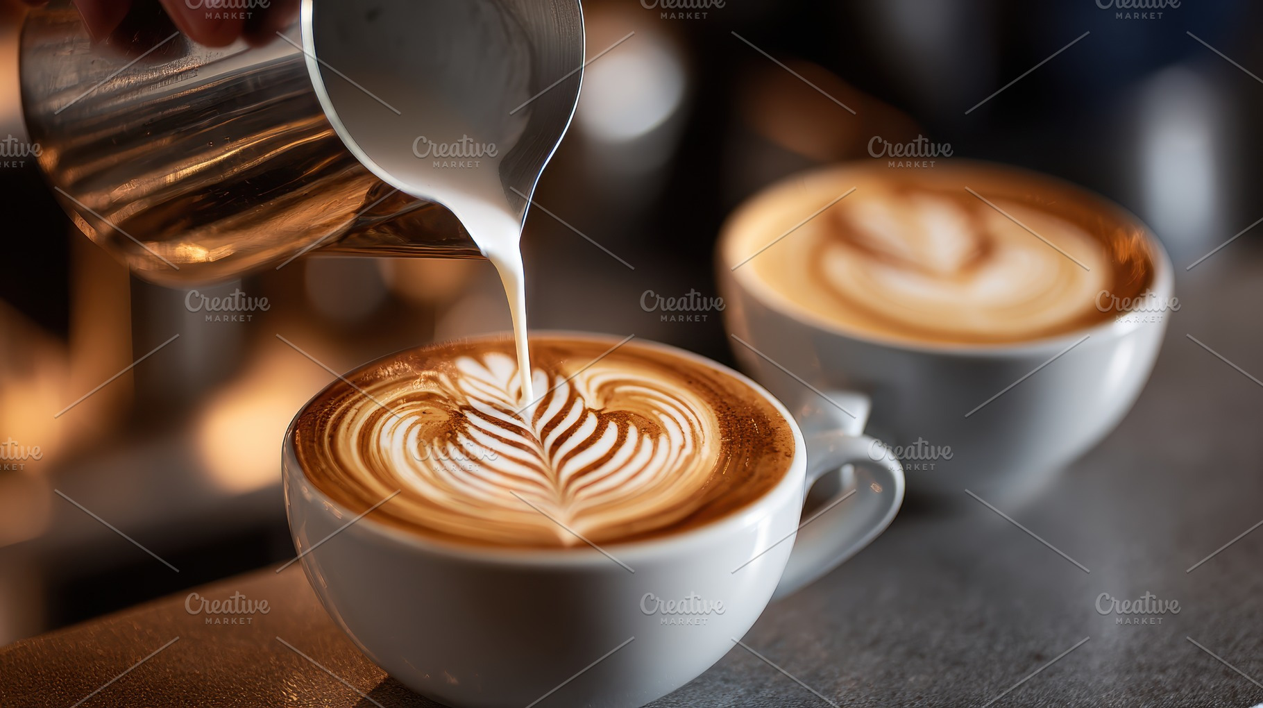 Latte art pouring milk into coffee c, a Photo by Pixeness Studio