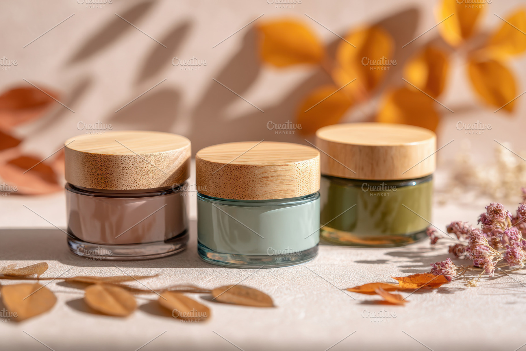 Serene glass jars with wooden lids and dried flowers, a Beauty & Fashion Photo by AlyaAnd